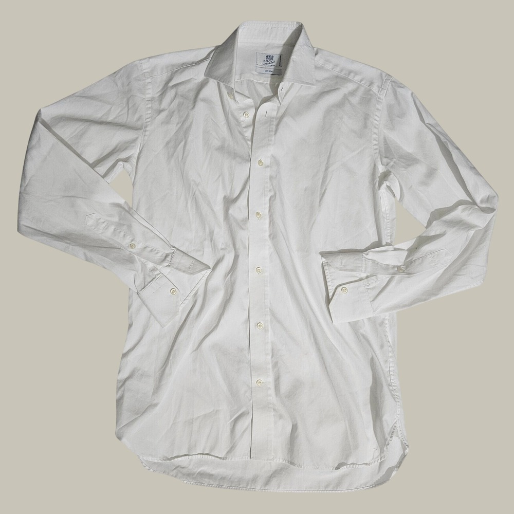 Boggi Milano Mens Large White Doppio Ritorto Cotton Easy Iron Dress Shirt Large